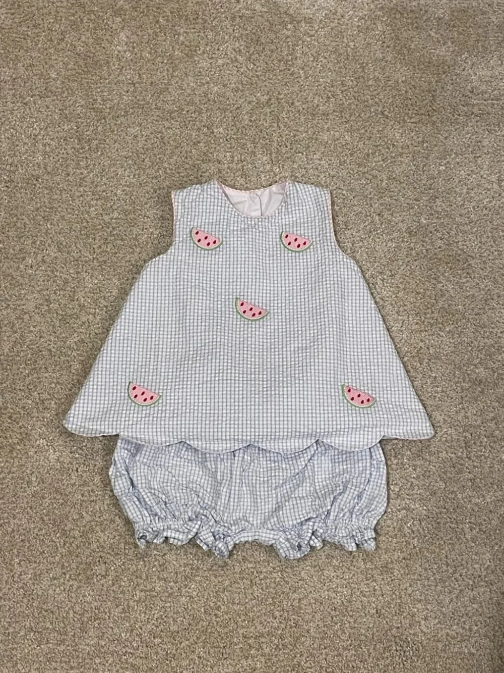 Little English Watermelon Light Blue Seersucker Scalloped Set Size 9 Months